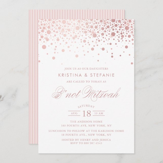 Imitate Rose Gold Foil Confetti Dots B'nicht Mitzv Einladung (Vorne/Hinten)