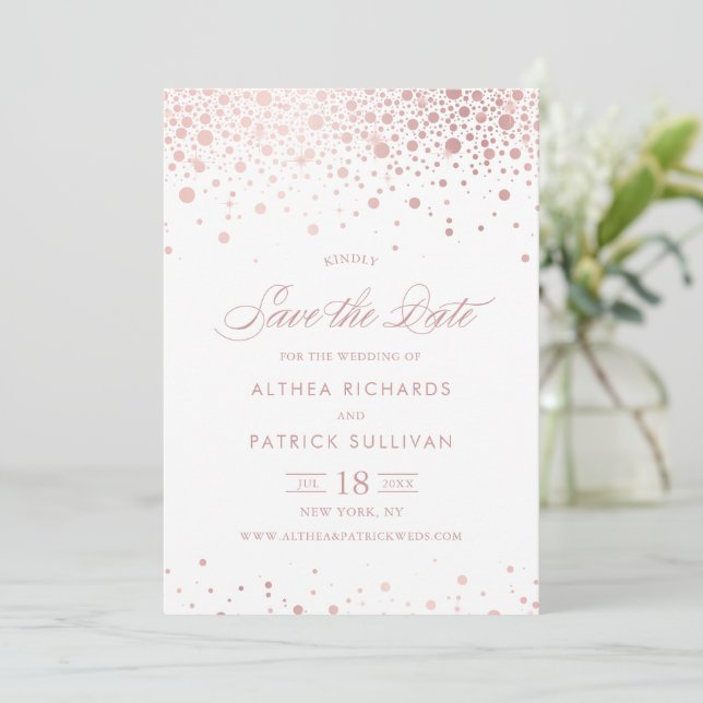 Imitate Rose Gold Foil Confetti Dots Hochzeit Save The Date (Stehend Vorderseite)