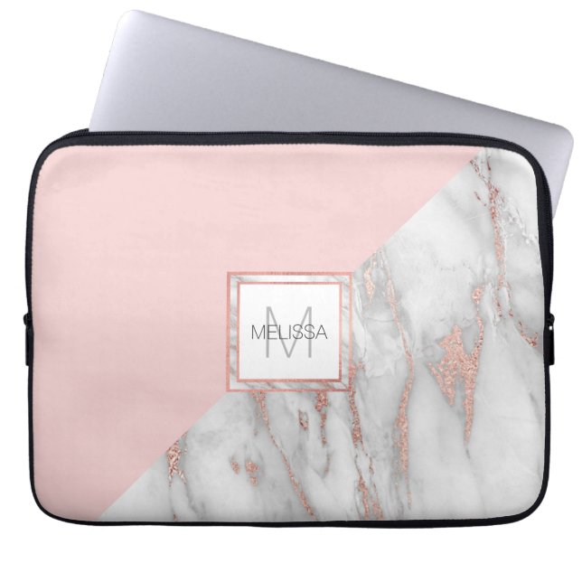 Imitate Rose Gold Foil Marmorplatte Rosa MONOGRAM Laptopschutzhülle (Vorderseite)