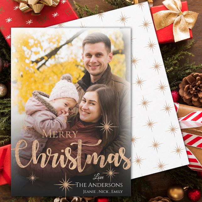 Imitate Rose Gold Frohe Weihnachten Foto (Faux Rose Gold Merry Christmas Photo Holiday Card)