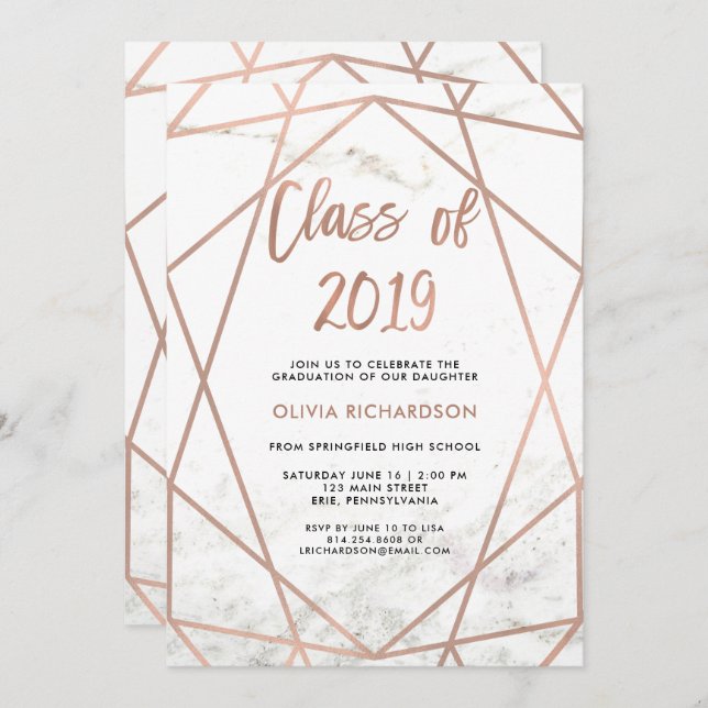 Imitate Rose Gold Geometric | Marble Graduation Pa Einladung (Vorne/Hinten)