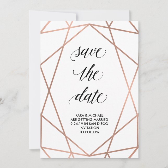 Imitate Rose Gold Geometrie auf Weiß | Save The Da Save The Date (Vorderseite)