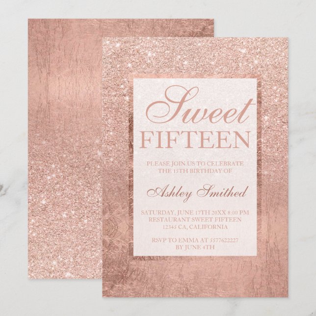 Imitate Rose Gold Glitzer Blatt elegante Sweet 15 Einladung (Vorne/Hinten)