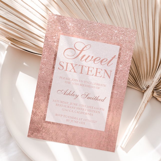 Imitate Rose Gold Glitzer Blatt elegante Sweet 16 Einladung (Von Creator hochgeladen)