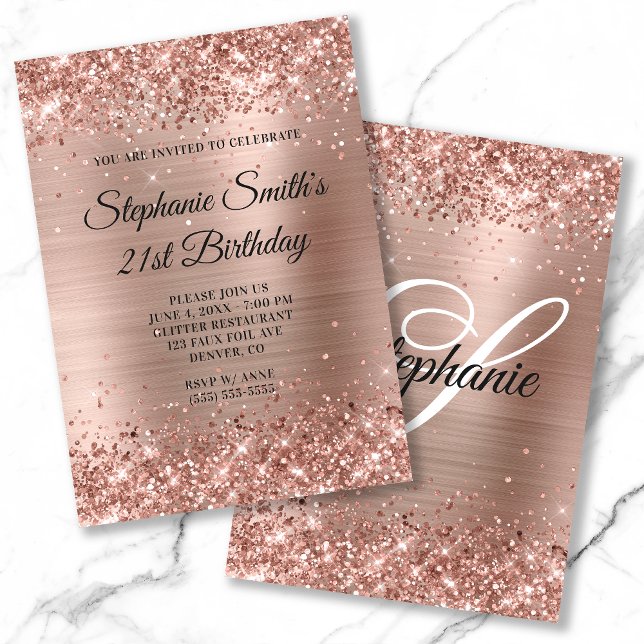 Imitate Rose Gold Glitzer Foil Monogram 21. Geburt Einladung (Von Creator hochgeladen)