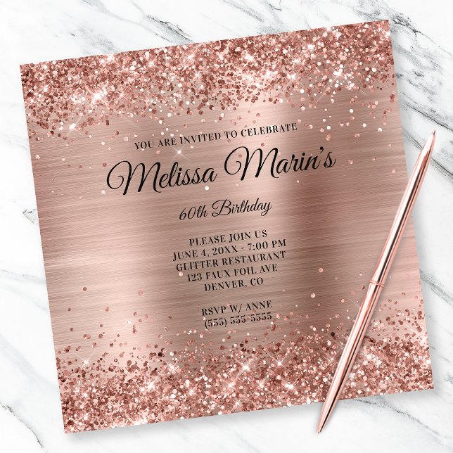 Imitate Rose Gold Glitzer Foil Monogram 60. Geburt Einladung (Create your own milestone birthday invitation for her.)