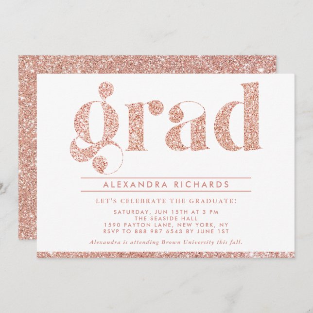 Imitate Rose Gold Glitzer Graduation Party Einladu Einladung (Vorne/Hinten)