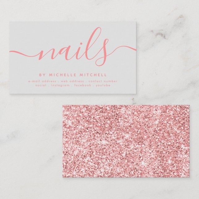 Imitate Rose Gold Glitzer Nageltechniker Grau  Visitenkarte (Vorne/Hinten)