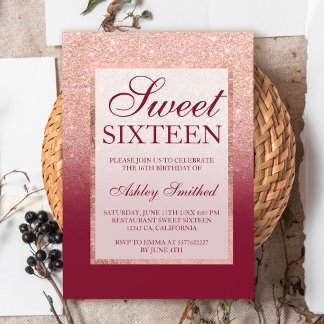 Imitate Rose Gold Glitzer ombre burgundy Sweet 16 Einladung