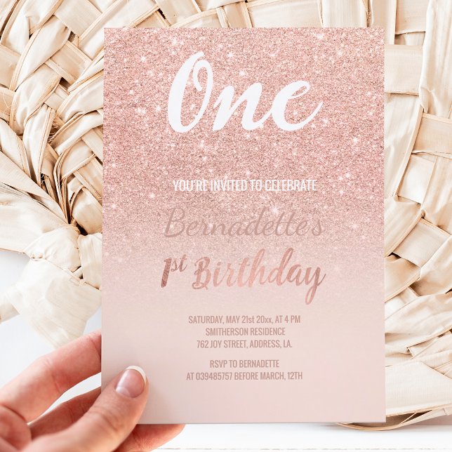 Imitate Rose Gold Glitzer ombre ersten Geburtstag Einladung (Von Creator hochgeladen)