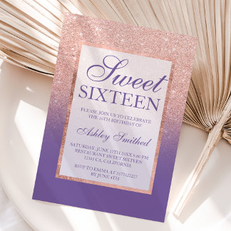 Imitate Rose Gold Glitzer ombre lila Sweet 16 Einladung