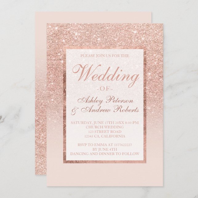 Imitate Rose Gold Glitzer Rahmen elegante Hochzeit Einladung (Vorne/Hinten)