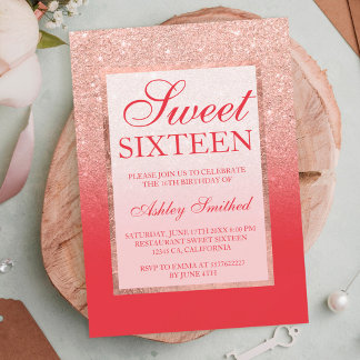 Imitate Rose Gold Glitzer Roter Chic Sweet 16 Einladung