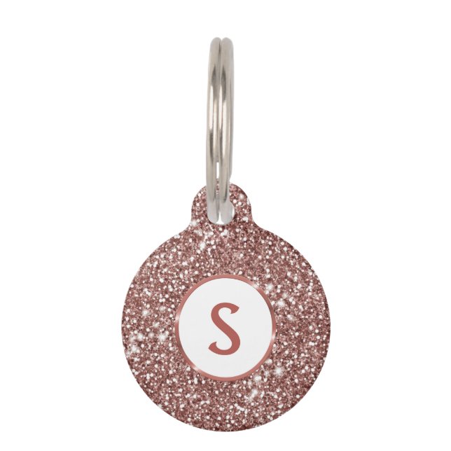 Imitate Rose Gold Glitzer Textur & Monogramm Haustiermarke (Vorderseite)