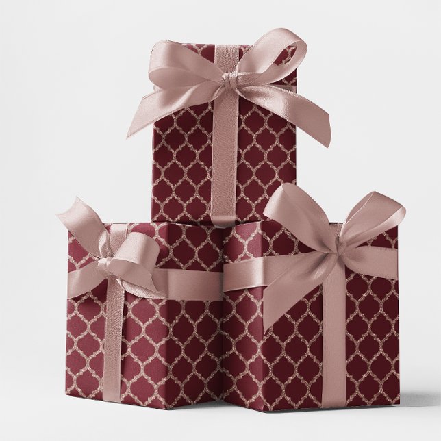 Imitate Rose Gold Glitzer und Burgund Quatrefolie Geschenkpapier (Faux Rose Gold Glitter and Burgundy Quatrefoil Wrapping Paper)