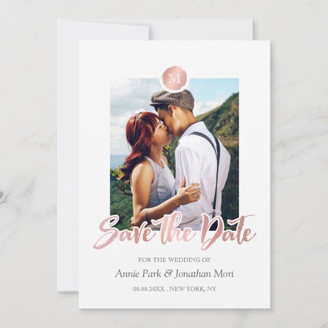 Imitate Rose Gold & Grau Monogramm Save the Date (Vorderseite)