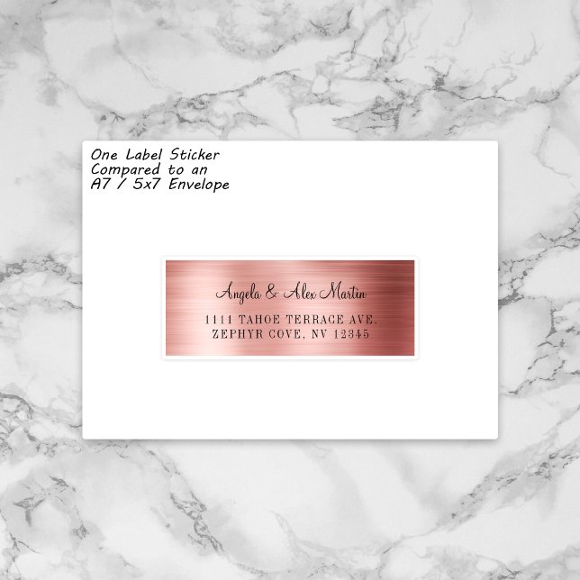 Imitate Rose Gold Individuelle Hochzeitsadressen L Aufkleber (One sample sticker from the sheet on a shape comparable to an A7 envelope.)