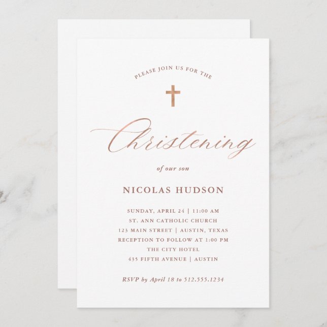 Imitate Rose Gold-Kalligrafie und Kreuz| Weihnacht Einladung (Vorne/Hinten)