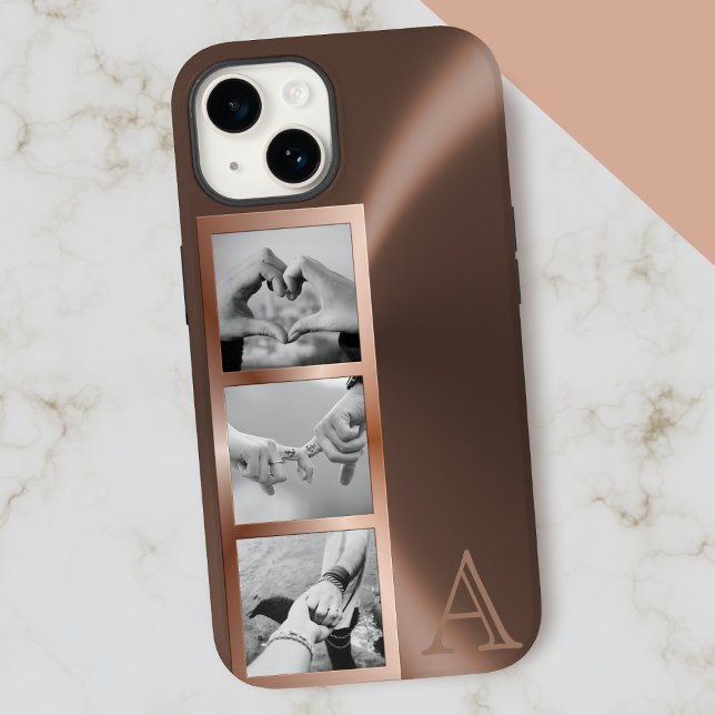Imitate Rose Gold Metallic 3 Foto Collage Monogram Case-Mate iPhone Hülle (Upload your 3 fave photos to this faux and rose gold metal look phone case. Add your initial too)