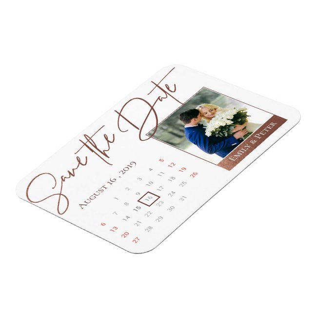 Imitate Rose Gold Save the Date Foto Magnet (Linke Seite)