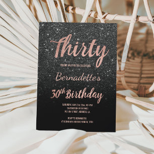 Imitate Rose Gold schwarzer Glitzer 30. Geburtstag Einladung