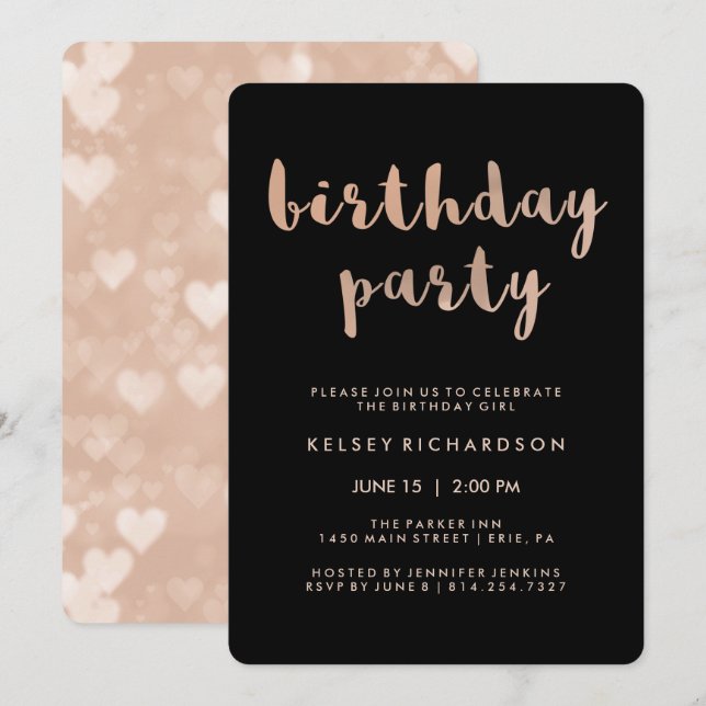 Imitate Rose Gold und Black Birthday Party Einladung (Vorne/Hinten)