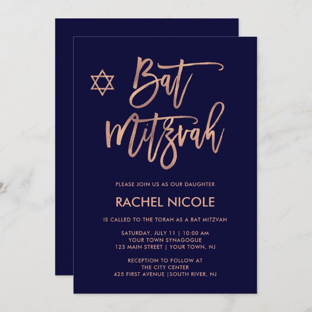 Imitate Rose Gold und Navy Blue | Bat Mitzvah Einladung (Vorne/Hinten)