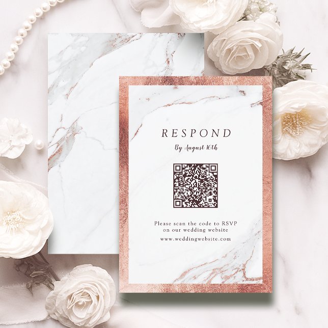 Imitate Rose Goldmarmor Luxus moderne QR-Code RSVP Karte (Faux rose gold marble luxury modern QR code RSVP Card)
