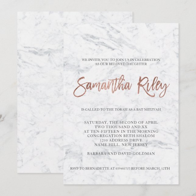 IMITATE Rose Goldtypografie Marmor Bat Mitzvah 4 Einladung (Vorne/Hinten)