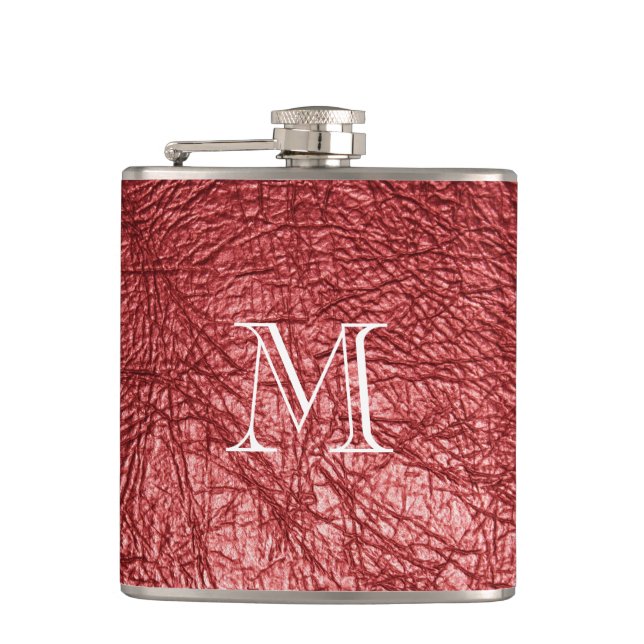 Imitate Rotes Leder Monogramm Edelstahlflasche Flachmann (Vorderseite)