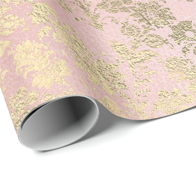 Imitate Royal Gold Floral Pulver Bläschen Pink Pin Geschenkpapier (Rolleneckpunkt)