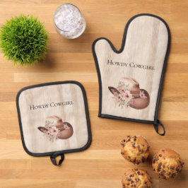 Imitate Rustikales Cream Wood Rosa Cowgirl Ofenhandschuh & Topflappen-Set