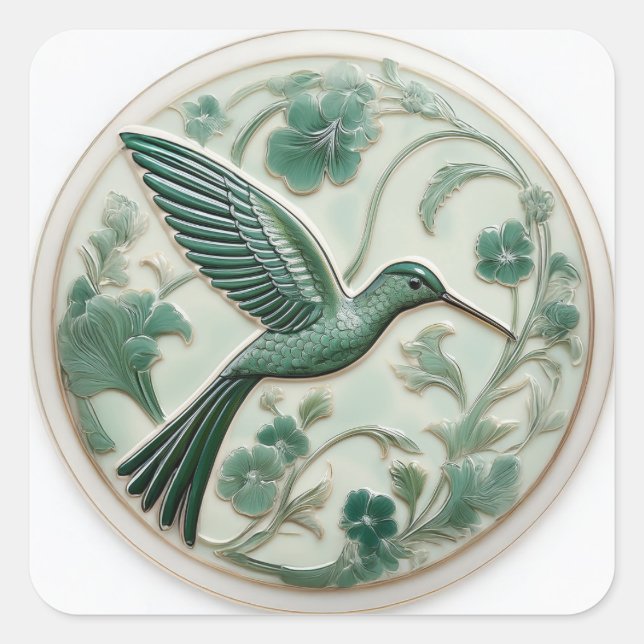 Imitate "Sage & Minze" Art Nouveau Hummingbird R Quadratischer Aufkleber (Vorderseite)
