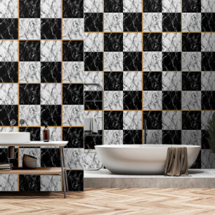 Imitate Schwarz-weißer Karo Marmorsteindesign Tapete
