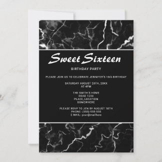Imitate Schwarze Marmortextur Look Sweet 16 Geburt Einladung