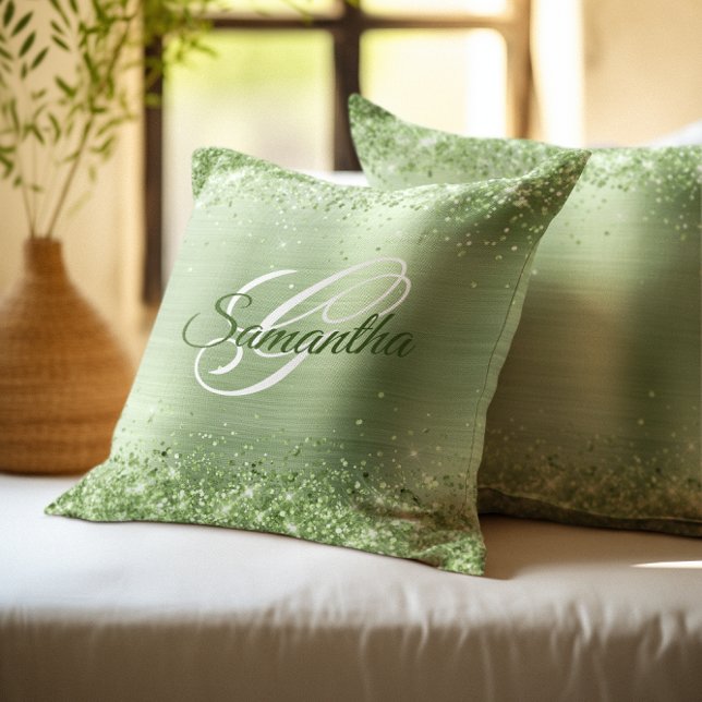 Imitate Schwarze Minze Grüne Glitzer-Folie Monogra Kissen (Mint Green Glitter Foil Monogram Throw Pillow)