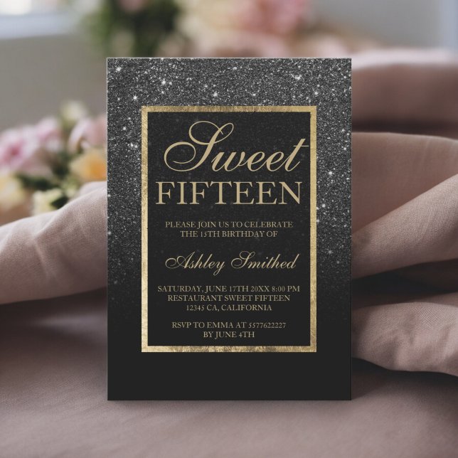 Imitate Schwarzer Glitzer Gold eleganter Chic Swee Einladung (Faux black glitter gold elegant chic Sweet 15 Invitation)