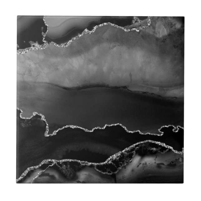 Imitate Schwarzer Marmor Agate Eleganter Silberner Fliese (Vorderseite)