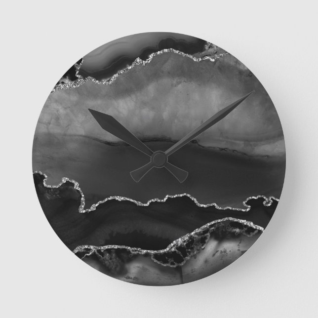 Imitate Schwarzer Marmor Agate Eleganter Silberner Runde Wanduhr (Vorderseite)