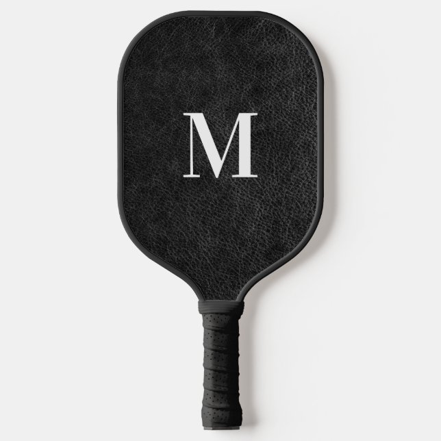 Imitate Schwarzes Leder Modernes Monogramm Pickleball Schläger (Vorderseite)