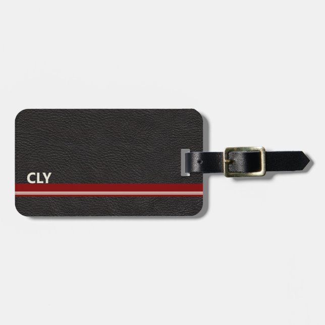 Imitate Schwarzes Leder Monogramm Dunkelrot Bar Gepäckanhänger (Vorderseite horizontal)