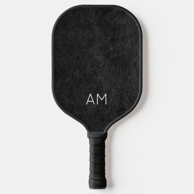 Imitate Schwarzes Leder Zwei-Letter-Monogramm Pickleball Schläger (Vorderseite)