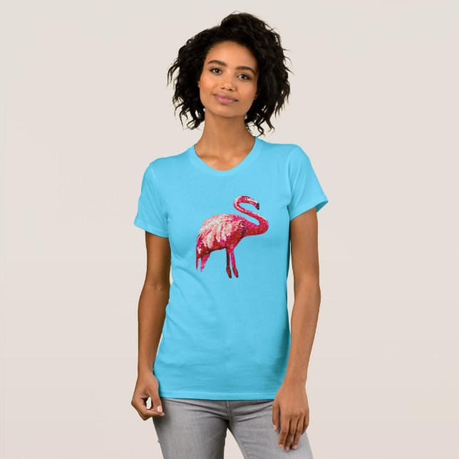 Imitate Sequin Printed Tropical Flamingo Bird T-Shirt (Vorne ganz)
