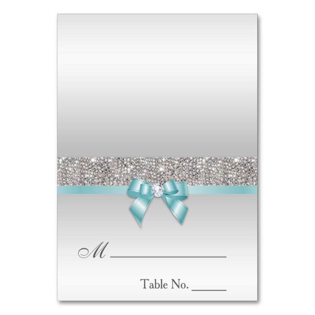 Imitate Sequins Light Aquamarin Blue Bow Platzkart Tischnummer (Vorderseite)