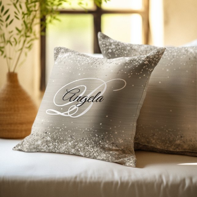 Imitate Shiny Platinum Glitzer Pinselmetall Monogr Kissen (Platinum Glitter Brushed Metal Monogram Throw Pillow)