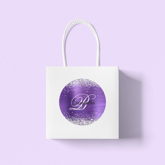 Imitate Shiny Silver Glitzer Amethyst Foil Monogra Runder Aufkleber (Large Round Favor Stickers)