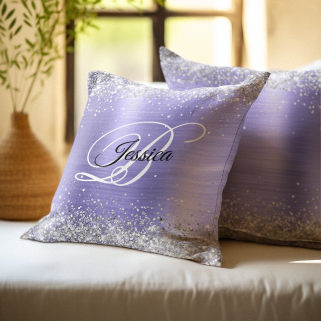 Imitate Shiny Silver Glitzer Periwinkle Foil Monog Kissen (Silver Glitter Periwinkle Foil Monogram Throw Pillow)