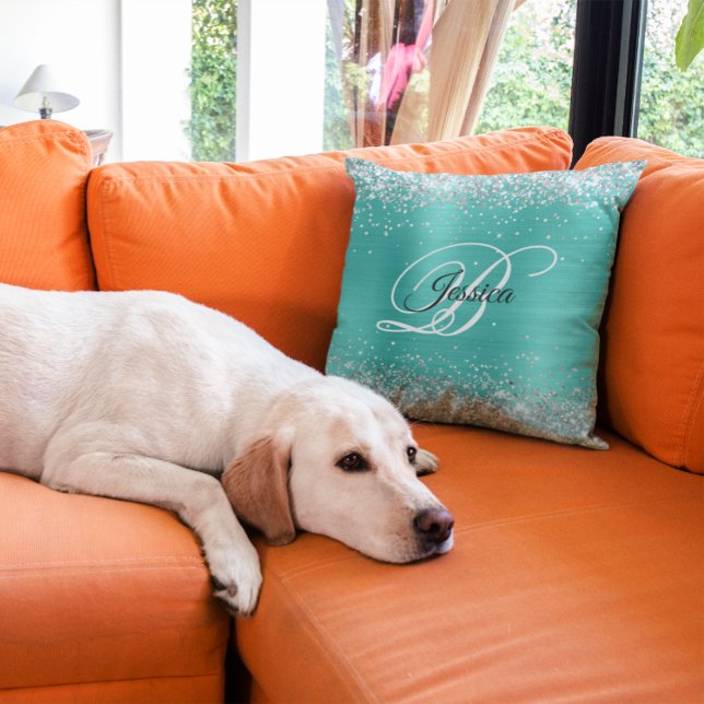 Imitate Shiny Silver Glitzer Türkis Foil Monogramm Kissen (Silver Glitter Turquoise Foil Monogram Throw Pillow)