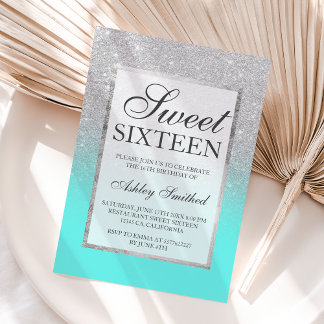 Imitate Silber Glitzer aquamarin schick Sweet 16 Einladung