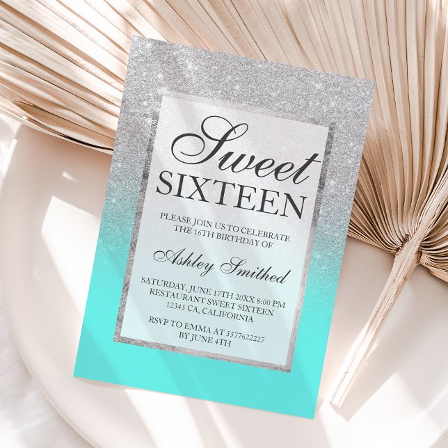 Imitate Silber Glitzer aquamarin schick Sweet 16 Einladung (Von Creator hochgeladen)
